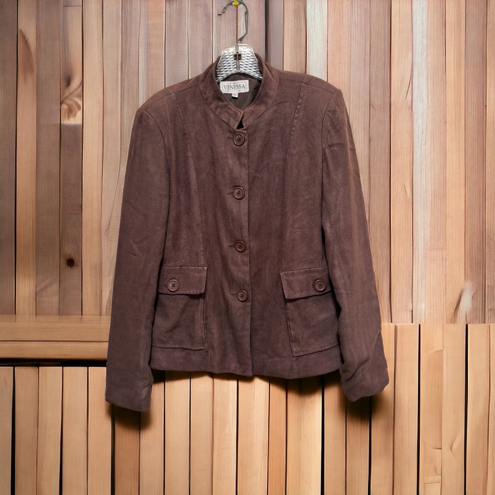 Venessa Skirt Set with Long Sleeves and Stand Collar Women's Size M Dark Brown - Picture 13 of 15